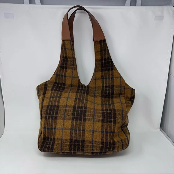 Lucky Brand Purse Brown Tan Blue Plaid Wool Blend Shoulder Bag Tote Front Pocket - Picture 8 of 14
